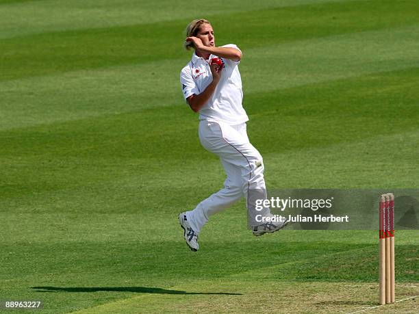 Katherine Brunt of England comes into bowl during Day One of The 1st Test between England Women and Australia Women at New Road on July 10, 2009 in...