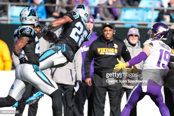 Carolina Panthers cornerback Daryl Worley intercepts an early pass meant for Minnesota Vikings wide receiver Adam Thielen during the first half on...