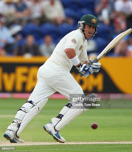 Marcus North of Australia hits out during day three of the npower 1st Ashes Test Match between England and Australia at the SWALEC Stadium on July...