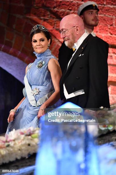 Crown Princess Victoria of Sweden and Kip S. Thorne, laureate of the Nobel Prize in physics attend the Nobel Prize Banquet 2017 at City Hall on...