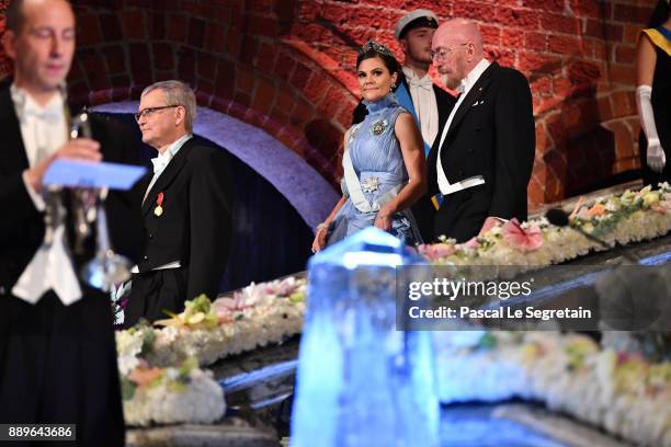 Crown Princess Victoria of Sweden and Kip S. Thorne, laureate of the Nobel Prize in physics attend the Nobel Prize Banquet 2017 at City Hall on...