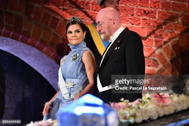Crown Princess Victoria of Sweden and Kip S. Thorne, laureate of the Nobel Prize in physics attend the Nobel Prize Banquet 2017 at City Hall on...