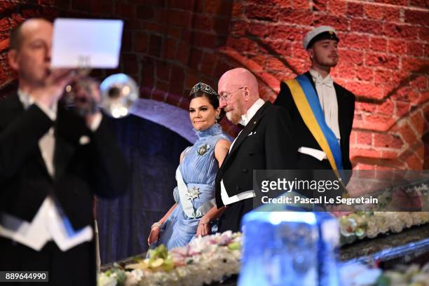 Crown Princess Victoria of Sweden and Kip S. Thorne, laureate of the Nobel Prize in physics attend the Nobel Prize Banquet 2017 at City Hall on...