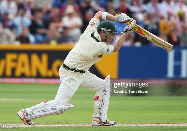 Michael Clarke of Australia hits out during day three of the npower 1st Ashes Test Match between England and Australia at the SWALEC Stadium on July...