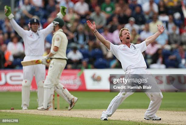 Paul Collingwood of England appeals unsuccessfully for the wicket of Michael Clarke of Australia during day three of the npower 1st Ashes Test Match...