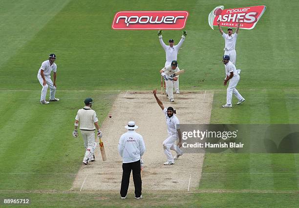 Monty Panesar of England appeals unsuccessfully for the wicket of Marcus North of Australia during day three of the npower 1st Ashes Test Match...