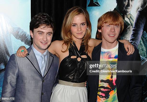 Actors Daniel Radcliffe, Emma Watson and Rupert Grint attend the "Harry Potter and the Half-Blood Prince" premiere at Ziegfeld Theatre on July 9,...