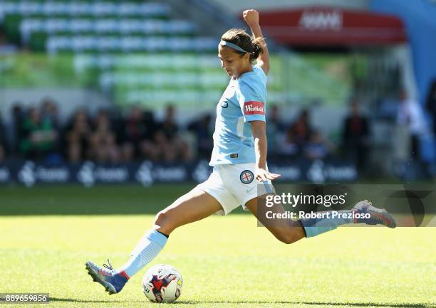 Ashley Hatch of Melbourne City passes the ball during the round seven W-League match between Melbourne City and Canberra United at AAMI Park on...