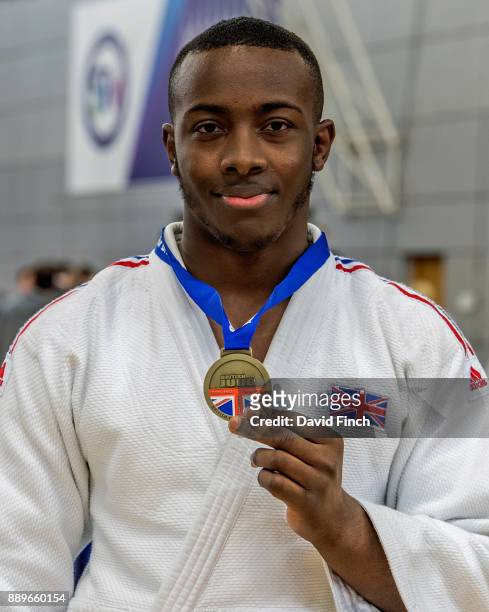 Under 90kg gold medallist, Jamal Petgrave of Westcroft JC, proudly shows his gold medal during the 2017 British Senior Judo Championships at the...