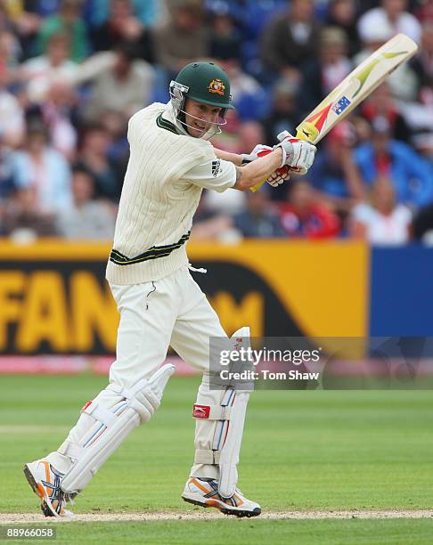 Michael Clarke of Australia hits out during day three of the npower 1st Ashes Test Match between England and Australia at the SWALEC Stadium on July...