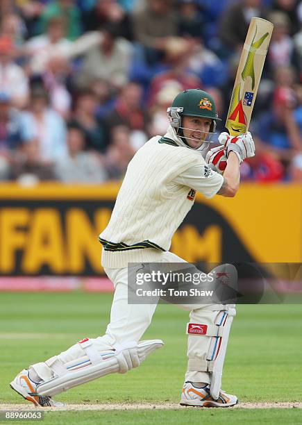 Michael Clarke of Australia hits out during day three of the npower 1st Ashes Test Match between England and Australia at the SWALEC Stadium on July...