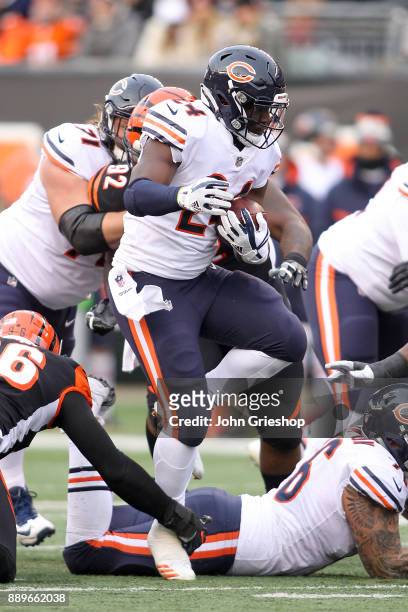 Jordan Howard of the Chicago Bears runs with the ball against the Cincinnati Bengals during the second half at Paul Brown Stadium on December 10,...