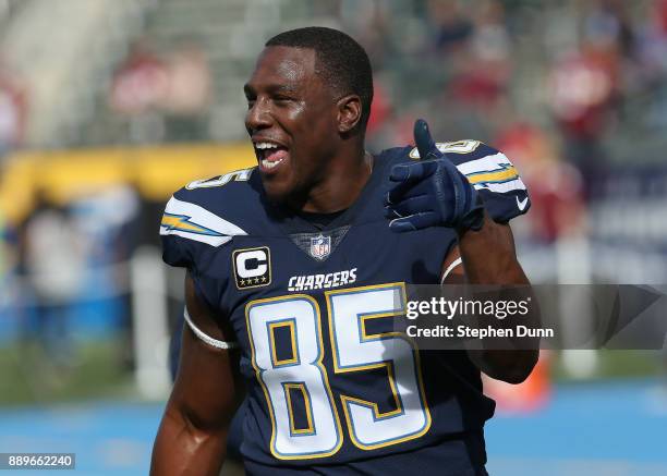 Tight end Antonio Gates of the Los Angeles Chargers laughs and gestures during warmups for the game against the Washington Redskins on December 10,...