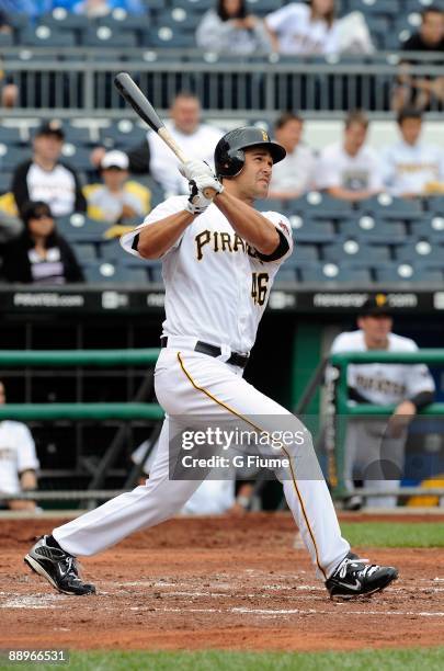 Garrett Jones of the Pittsburgh Pirates bats against the New York Mets at PNC Park on July 2, 2009 in Pittsburgh, Pennsylvania.