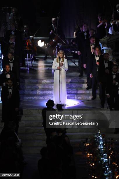 Singer Ane Brun performs during the Nobel Prize Banquet 2017 at City Hall on December 10, 2017 in Stockholm, Sweden.