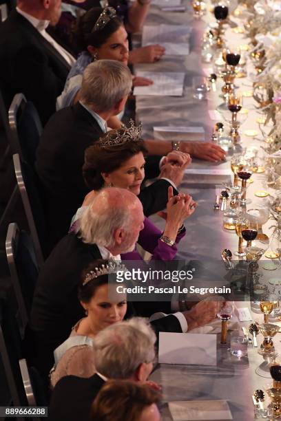Crown Princess Victoria of Sweden and Princess SOfia of Sweden attend the Nobel Prize Banquet 2017 at City Hall on December 10, 2017 in Stockholm,...