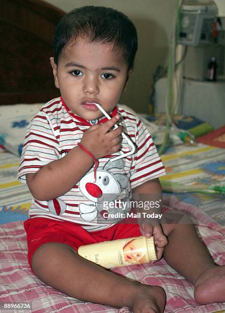 Two-year-old Muaaz Ahmed, who is suffering from a rare respiratory disorder Ondine's Curse, at his residence in Gurgoan, Haryana on Wednesday, July...