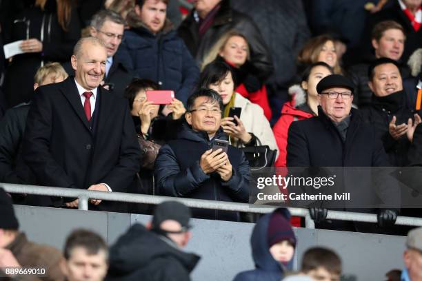 Owner of Southampton Gao Jisheng stands with Chairman Ralph Krueger and head of football development Les Reed during the Premier League match between...