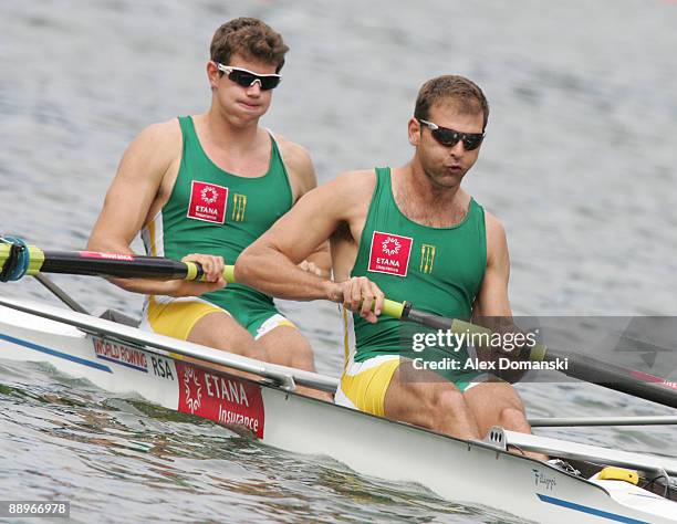 Shaun Keeling , Ramon di Clemente of the Republic of South Africa compete in the men's pair race during the FISA Rowing World Cup on July 10, 2009 in...