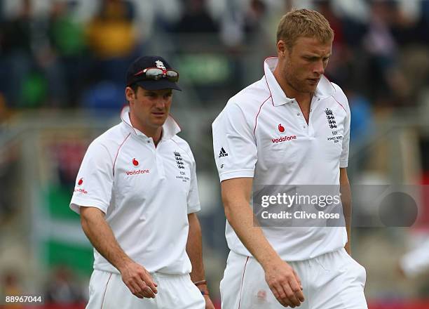 Andrew Flintoff and Andrew Stauss of England during day three of the npower 1st Ashes Test Match between England and Australia at the SWALEC Stadium...