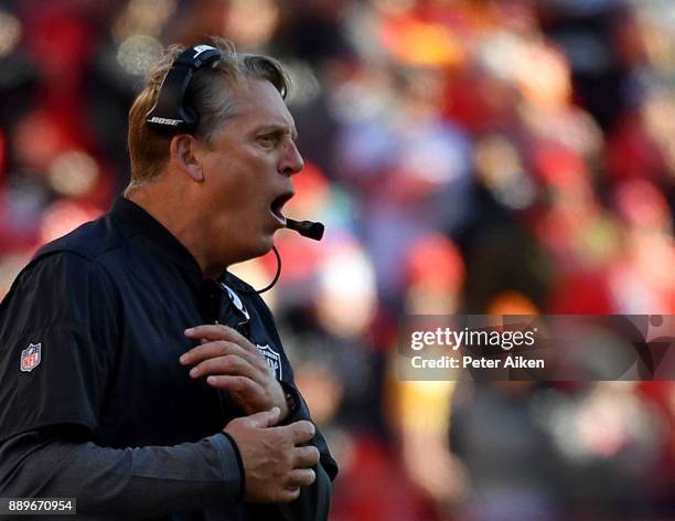 Head coach Jack Del Rio of the Oakland Raiders yells from the sidelines during the game at Arrowhead Stadium on December 10, 2017 in Kansas City,...