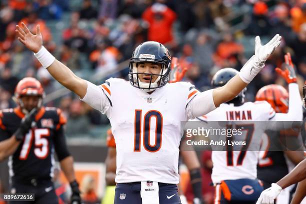 Mitchell Trubisky of the Chicago Bears celebrates after a touchdown against the Cincinnati Bengals during the second half at Paul Brown Stadium on...
