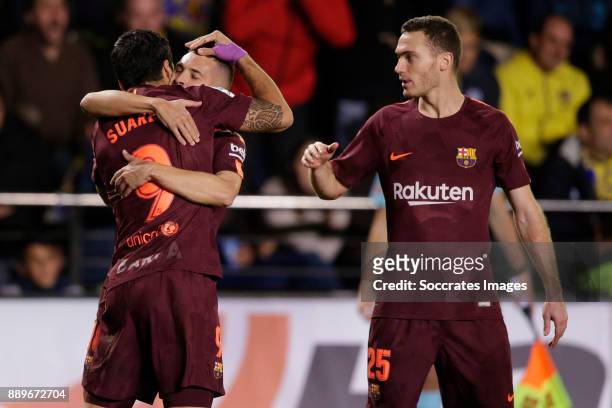 Luis Suarez of FC Barcelona celebrates 0-1 with Jordi Alba of FC Barcelona, Thomas Vermaelen of FC Barcelona during the Spanish Primera Division...