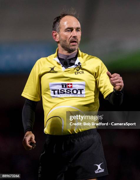 Referee Romain Poite during the European Rugby Champions Cup match between Exeter Chiefs and Leinster Rugby at Sandy Park on December 10, 2017 in...