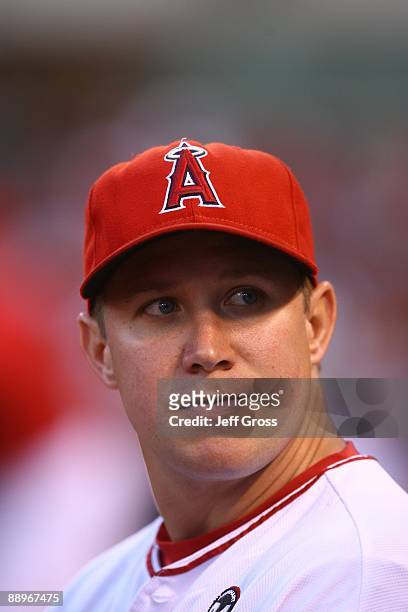 Robb Quinlan of the Los Angeles Angels of Anaheim looks on against the Texas Rangers at Angel Stadium on July 7, 2009 in Anaheim, California.