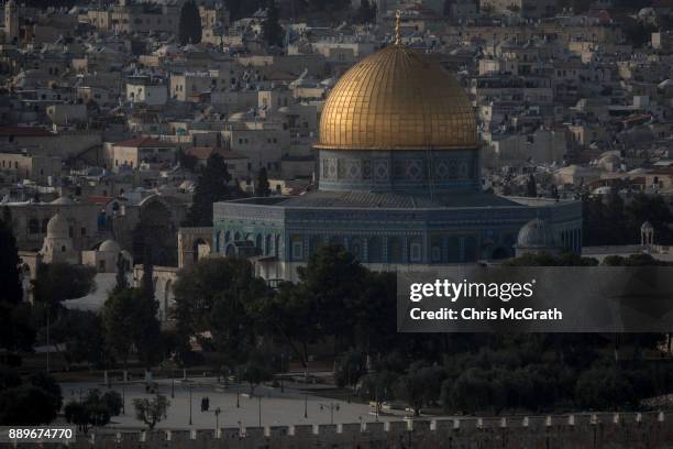 The Al-Aqsa Mosque is seen in front of buildings in the Old City on December 10, 2017 in Jerusalem, Israel. In an already divided city, U.S....