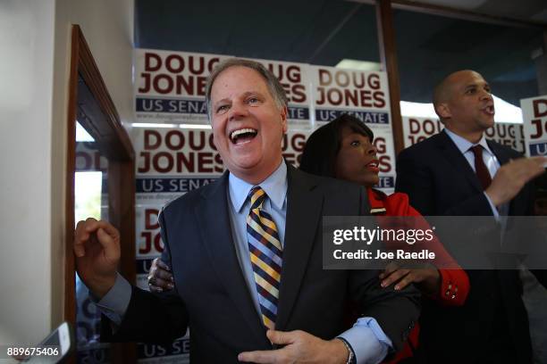 Democratic Senatorial candidate Doug Jones campaigns with Rep.Terri Sewell and Sen. Cory Booker at a Jones for Senate Field Office on December 10,...