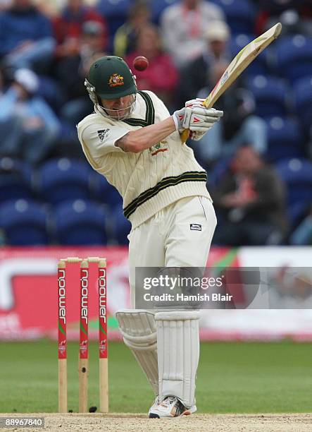 Michael Clarke of Australia plays the shot which led to his dismissal off the bowling of Stuart Broad of England during day three of the npower 1st...