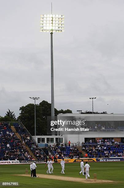 England players walk off with the floodlights on during day three of the npower 1st Ashes Test Match between England and Australia at the SWALEC...