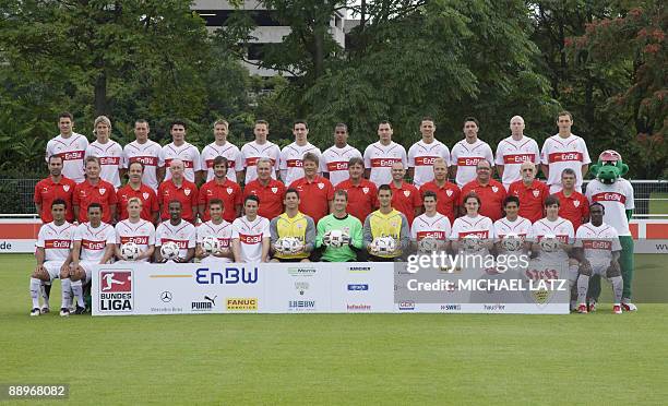 Players and team members of German first division Bundesliga football club VfB Stuttgart pose for a group picture during the team presentation on...