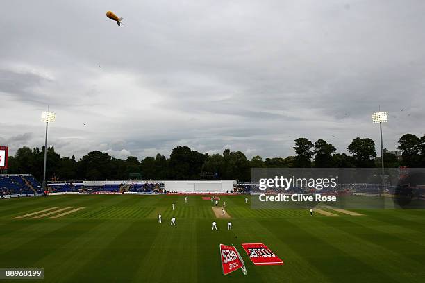 General view of play under floodlights during day three of the npower 1st Ashes Test Match between England and Australia at the SWALEC Stadium on...