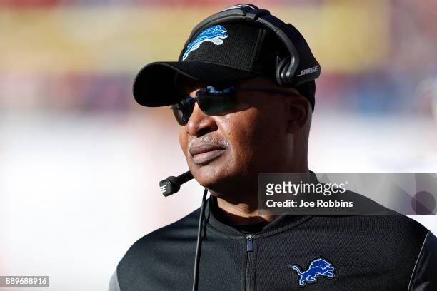 Head coach Jim Caldwell of the Detroit Lions looks on against the Tampa Bay Buccaneers in the third quarter of a game at Raymond James Stadium on...