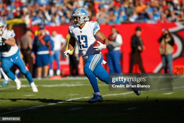 Wide receiver T.J. Jones of the Detroit Lions runs for several yards during the fourth quarter of an NFL football game on December 10, 2017 at...