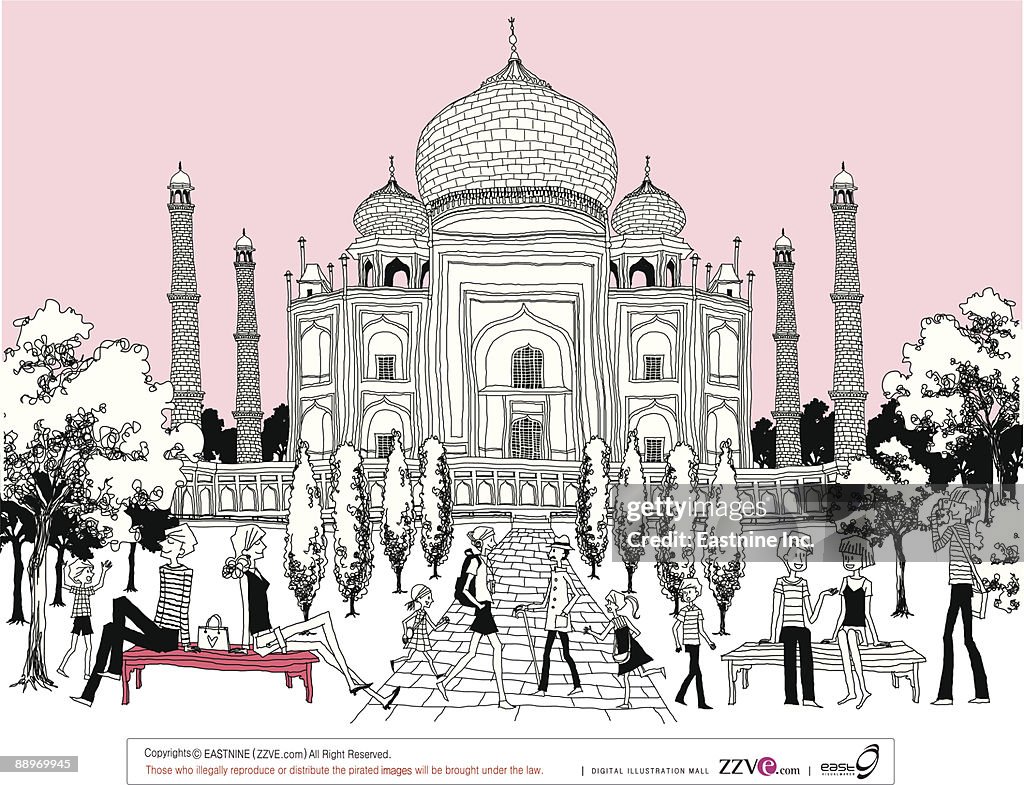 Tourists relaxing by Taj Mahal