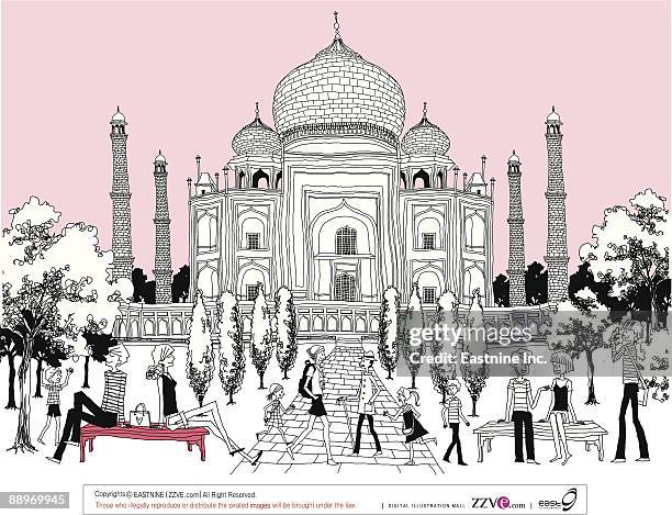 tourists relaxing by taj mahal - onion dome 幅插畫檔、美工圖案、卡通及圖標