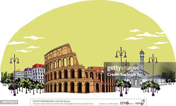 old ruin carving against cloudy sky - amphitheater stock illustrations