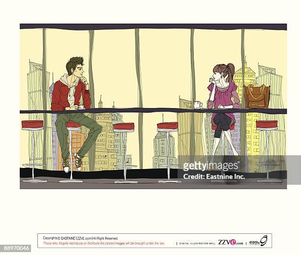 illustrazioni stock, clip art, cartoni animati e icone di tendenza di woman and man sitting in restaurant - architecture restaurant interior