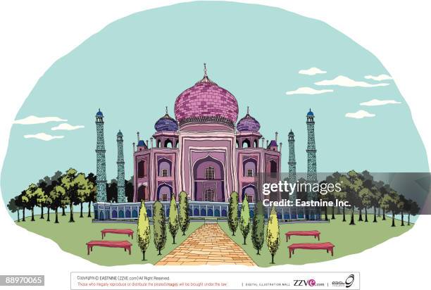decorated monument with formal garden - garden path stock illustrations