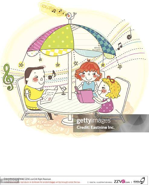 family sitting under umbrella - the girl under an umbrella stock illustrations