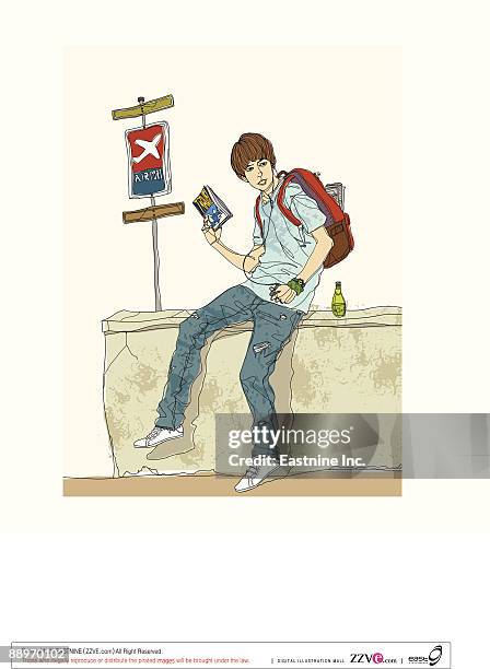 bildbanksillustrationer, clip art samt tecknat material och ikoner med teenage boy sitting on bus stop - bus stop