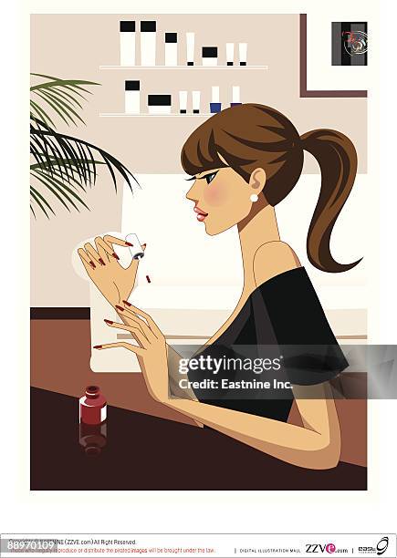 side view of young woman applying nail polish - painting fingernails stock illustrations