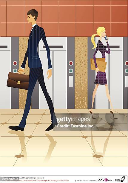 ilustrações de stock, clip art, desenhos animados e ícones de businesswoman and businessman walking by elevators - telemóvel feliz trabalho standing