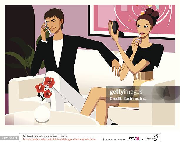 young man using mobile phone sitting on sofa, woman applying make-up - man getting ready for date stock illustrations