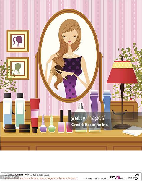 reflection in mirror of young woman combing hair - beautiful hair at home stock illustrations