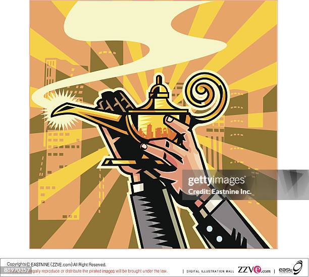 close-up of businessman holding magic lamp - genie hand stock illustrations