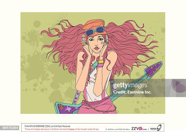 portrait of young woman with guitar - sleeveless top stock illustrations